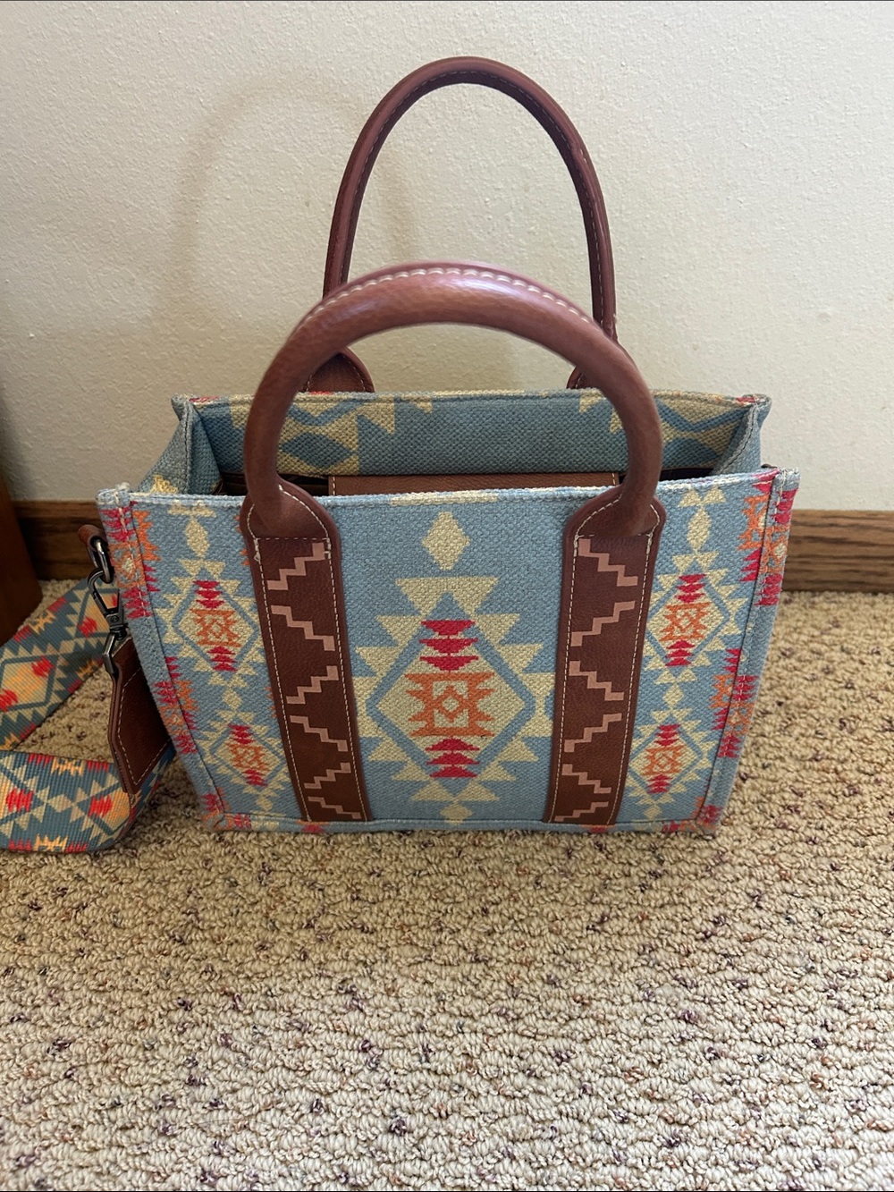 Wrangler Blue Aztec Canvas Satchel with Brown Trim - Picture 4 of 5